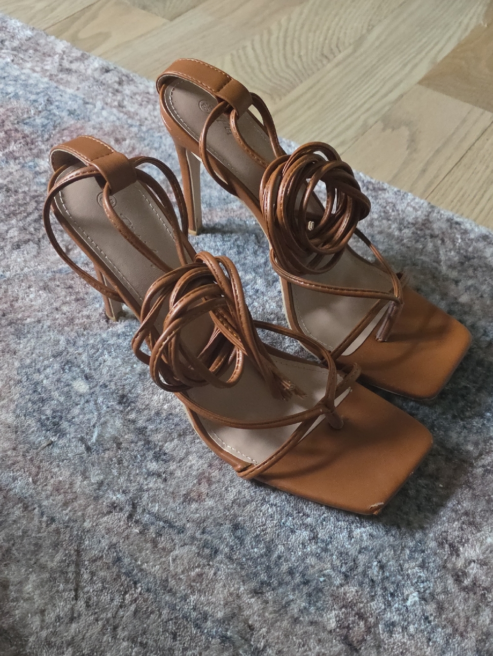 Strappy High Heel Sandals in Cognac Brown